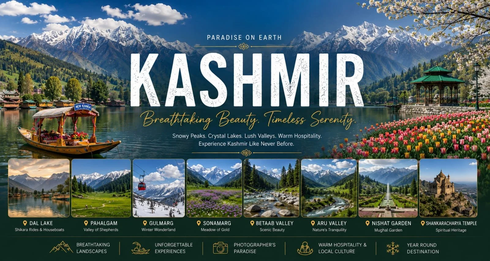 A scenic travel advertisement for Kashmir showing snow-capped mountains, a lake with a boat, colorful flowers, and various smaller images of Kashmir's landmarks and landscapes.