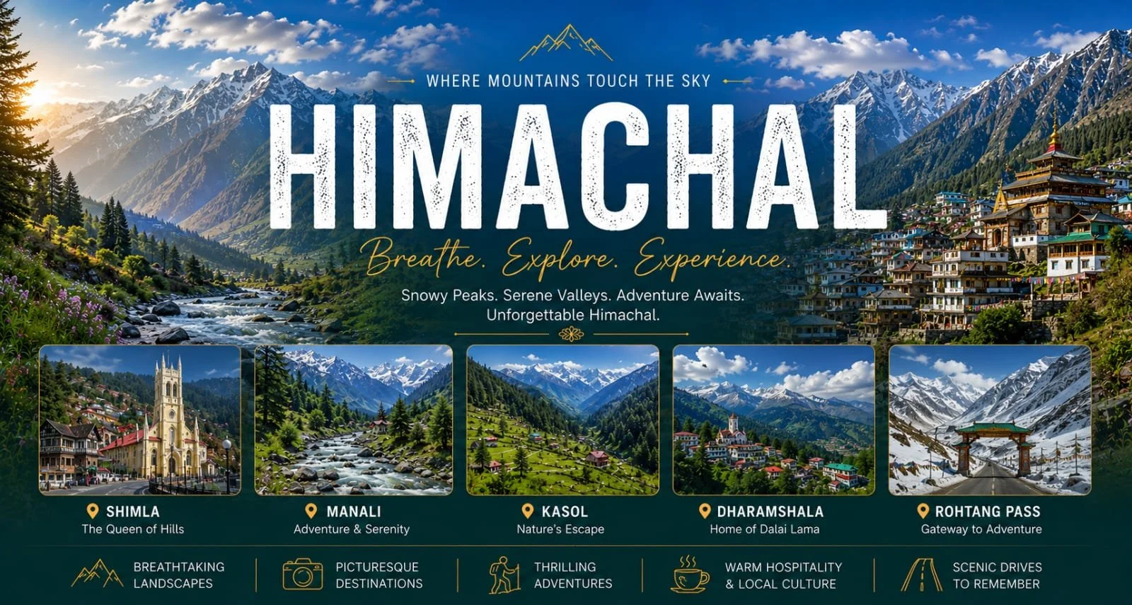 A promotional poster showcasing the Himachal region, featuring snow-capped mountains, lush valleys, and colorful towns, with smaller images highlighting Shimla, Manali, Kasol, Dharamshala, and Rohtang Pass.