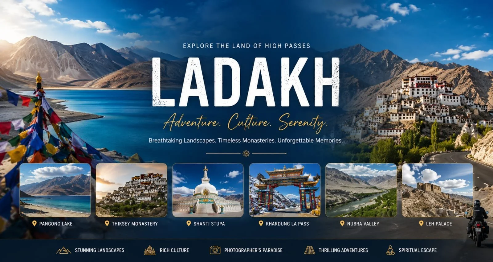 Tourism advertisement for Ladakh showcasing landscapes, monasteries, passes, valleys, and palaces, with images of Pangong Lake, Thiksey Monastery, Shanti Stupa, Khardung La Pass, Nubra Valley, and Leh Palace.