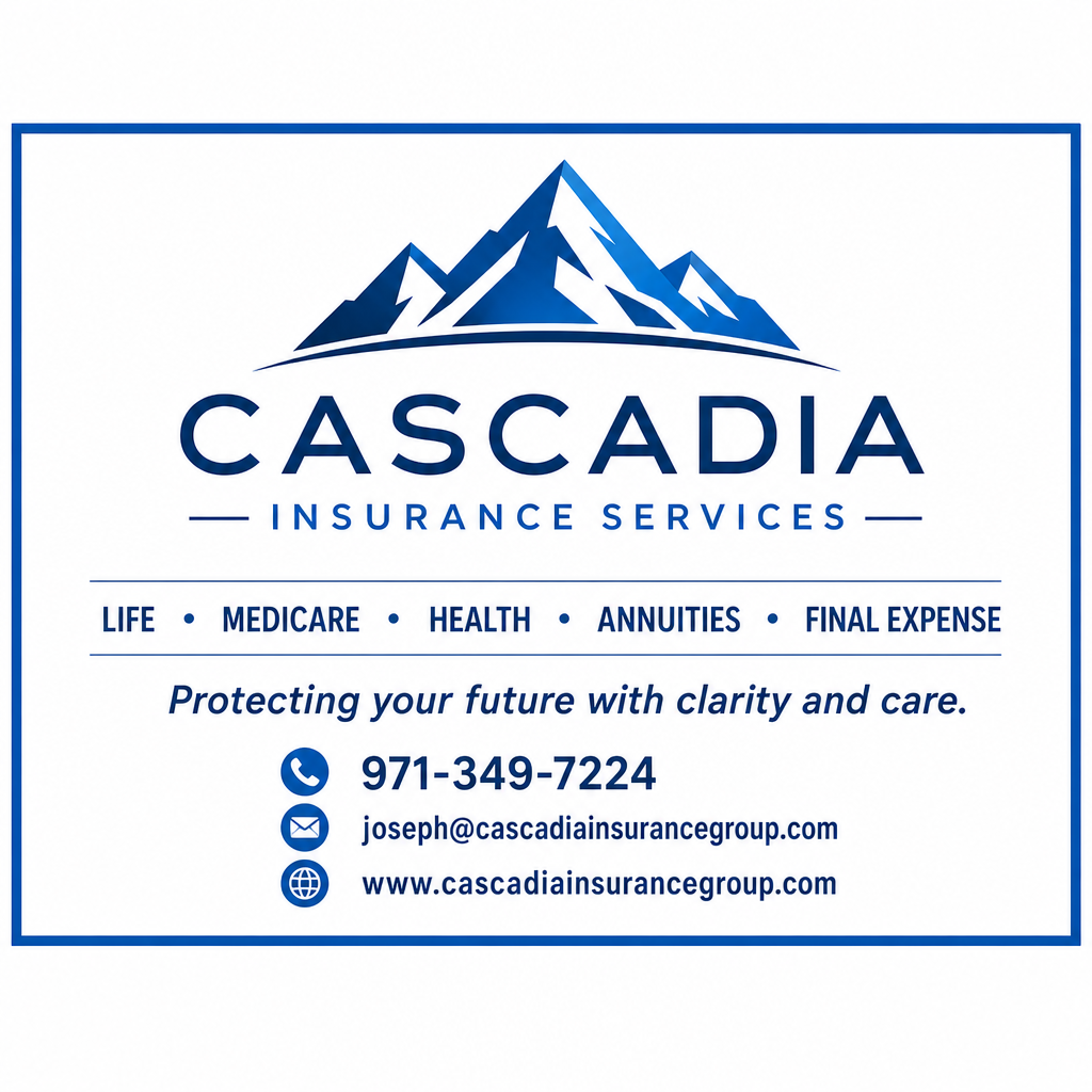 Business card for Cascade Insurance Services featuring a mountain logo, contact information, and services including life, medicare, health, annuities, and final expense.