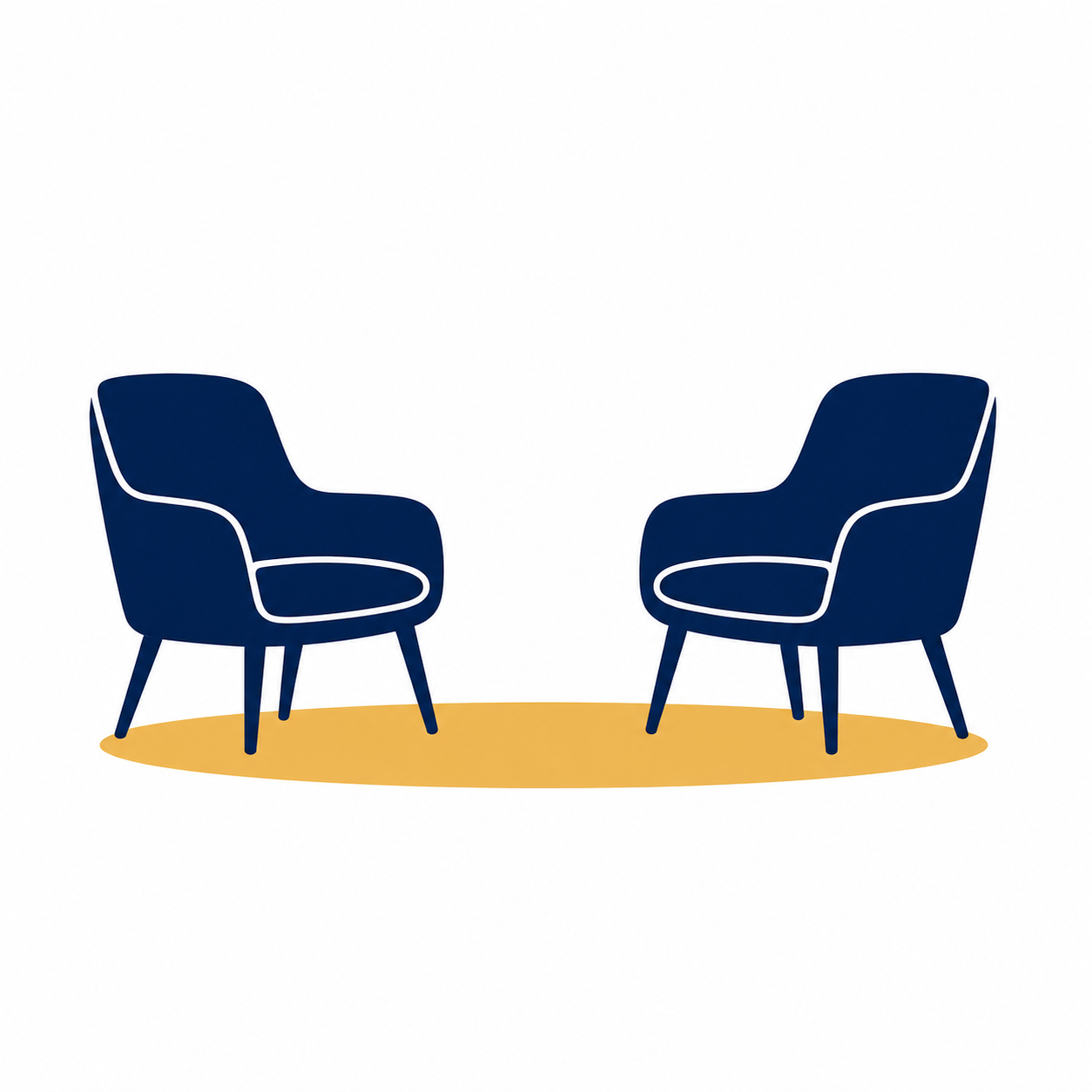 Two navy blue armchairs with wooden legs on a light brown rug.