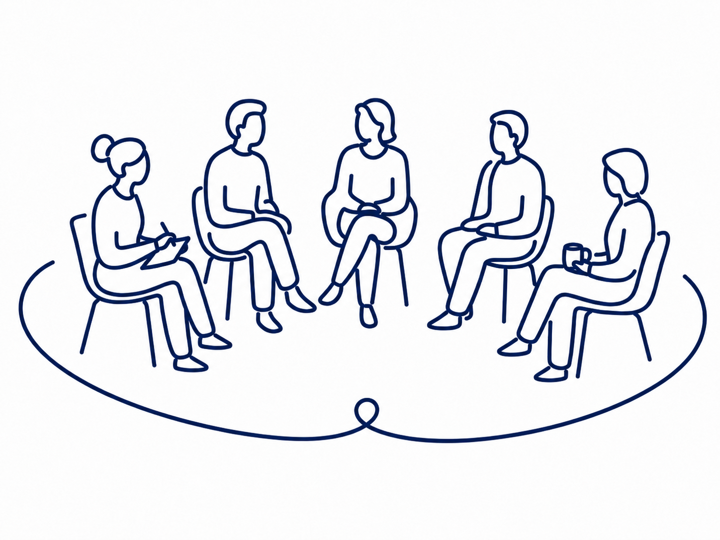 Line drawing of five people sitting in chairs on a circular rug, engaged in conversation.