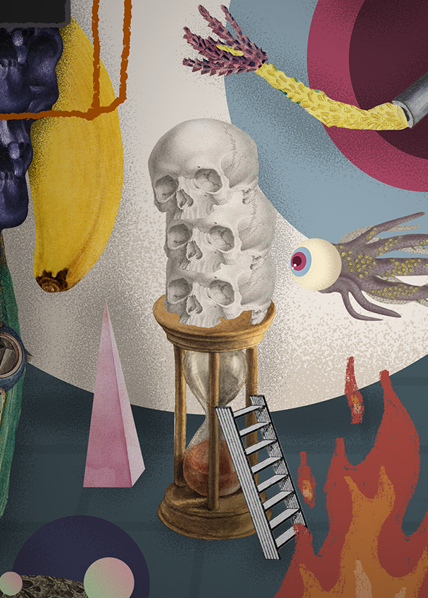 A surreal illustration featuring a tall stack of skulls on a pedestal, a ladder leaning against it, a floating eyeball with tentacles, a banana, a pink cone, and abstract colorful shapes and flames in the background.