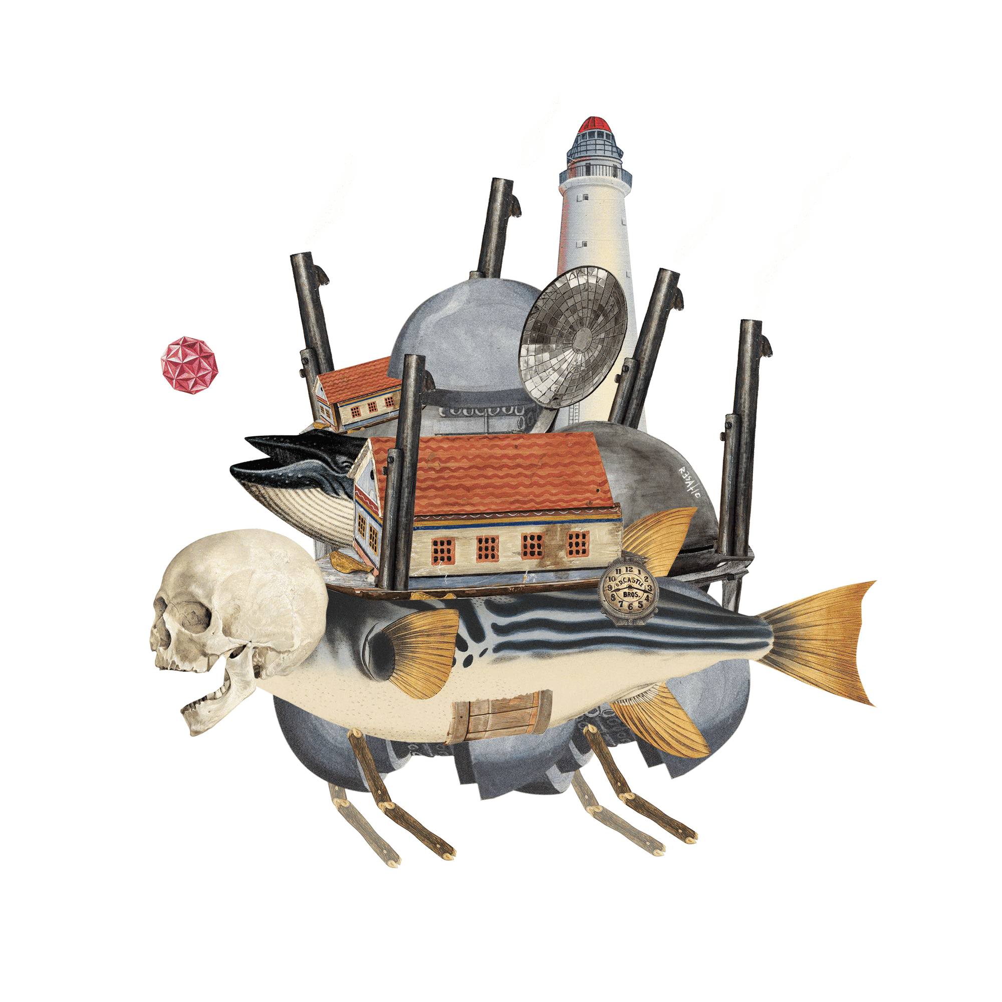 A collection of objects including a human skull, a fish, a house model, a lighthouse, a pink geometric shape, a clock, and fins, arranged on a surface.