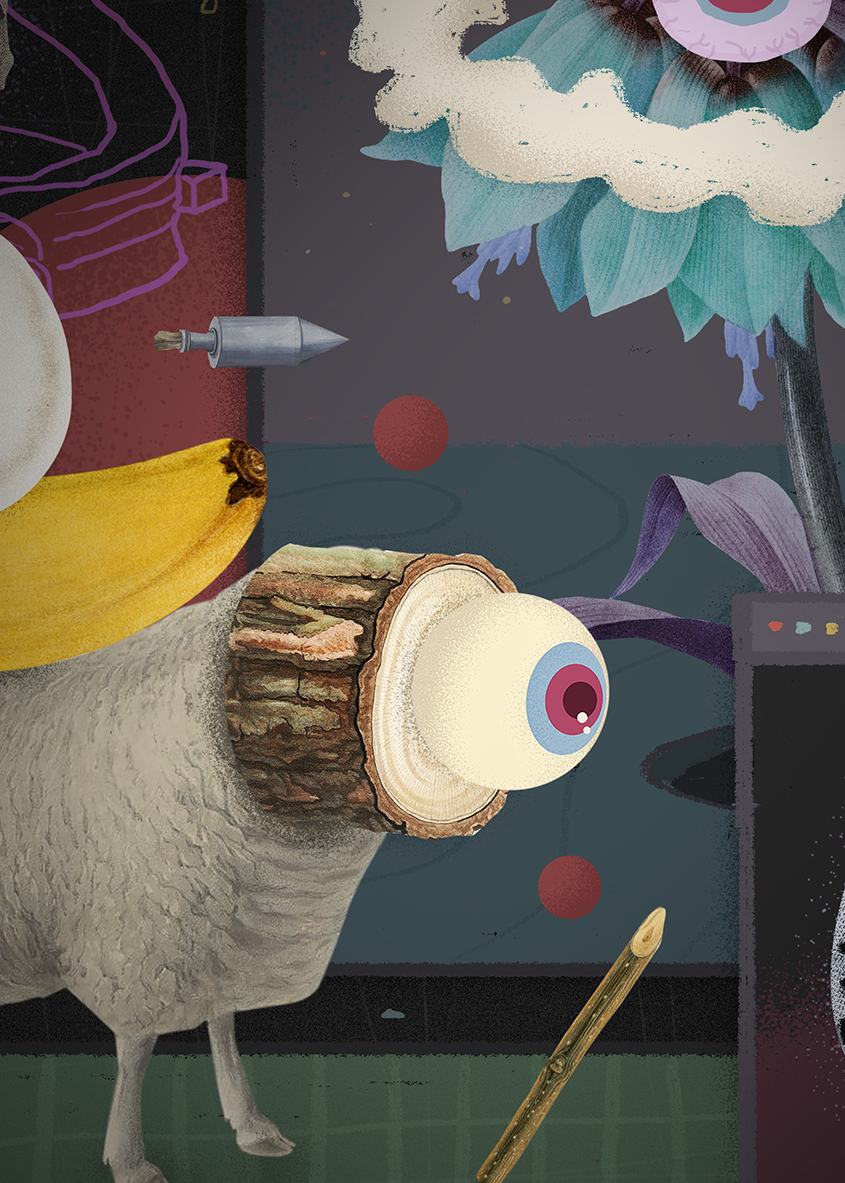 Surreal artwork featuring various objects including a sheep with a log as its body, an eyeball for a head, a banana, a large flower, a pencil, and abstract shapes and colors in the background.