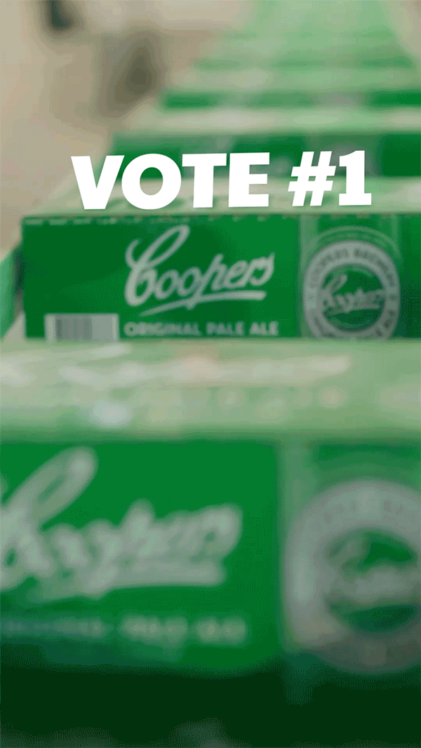 A gif of Coopers Pale Ale cartons on a production line, with the words VOTE #1 sitting atop a carton