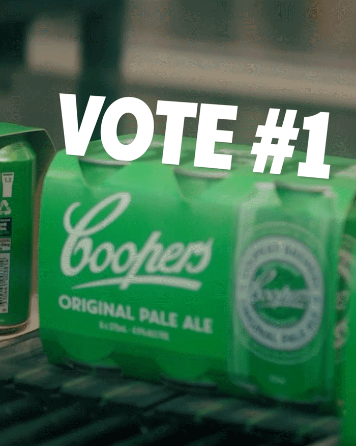 A 6 pack of Coopers Pale Ale on a production line, with the word VOTE animated on top