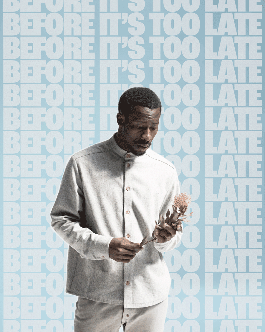 A designed asset of a man in a linen shirt, holding a flower. Behind him the words BEFORE IT'S TOO LATE is repeated across the background