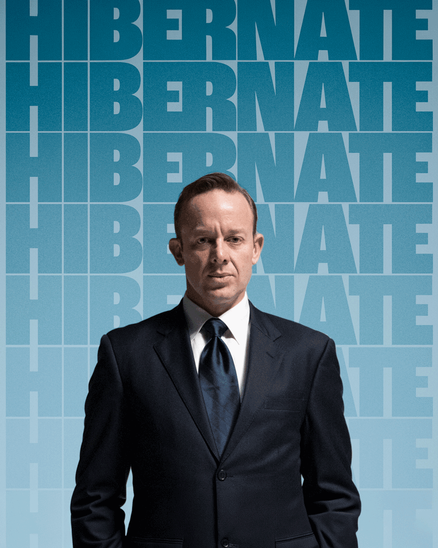 A designed asset of a man in a suit, staring down the barrel of the camera. Behind him the word HIBERNATE is repeated across the background