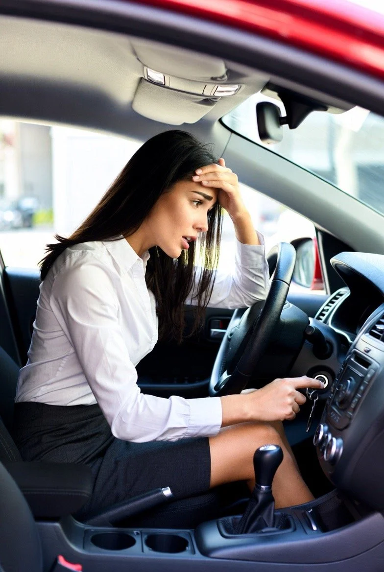 A woman sitting in the driver's seat of a car that won't start, looking stressed and holding her forehead with one hand while the other hand is on the gear stick.