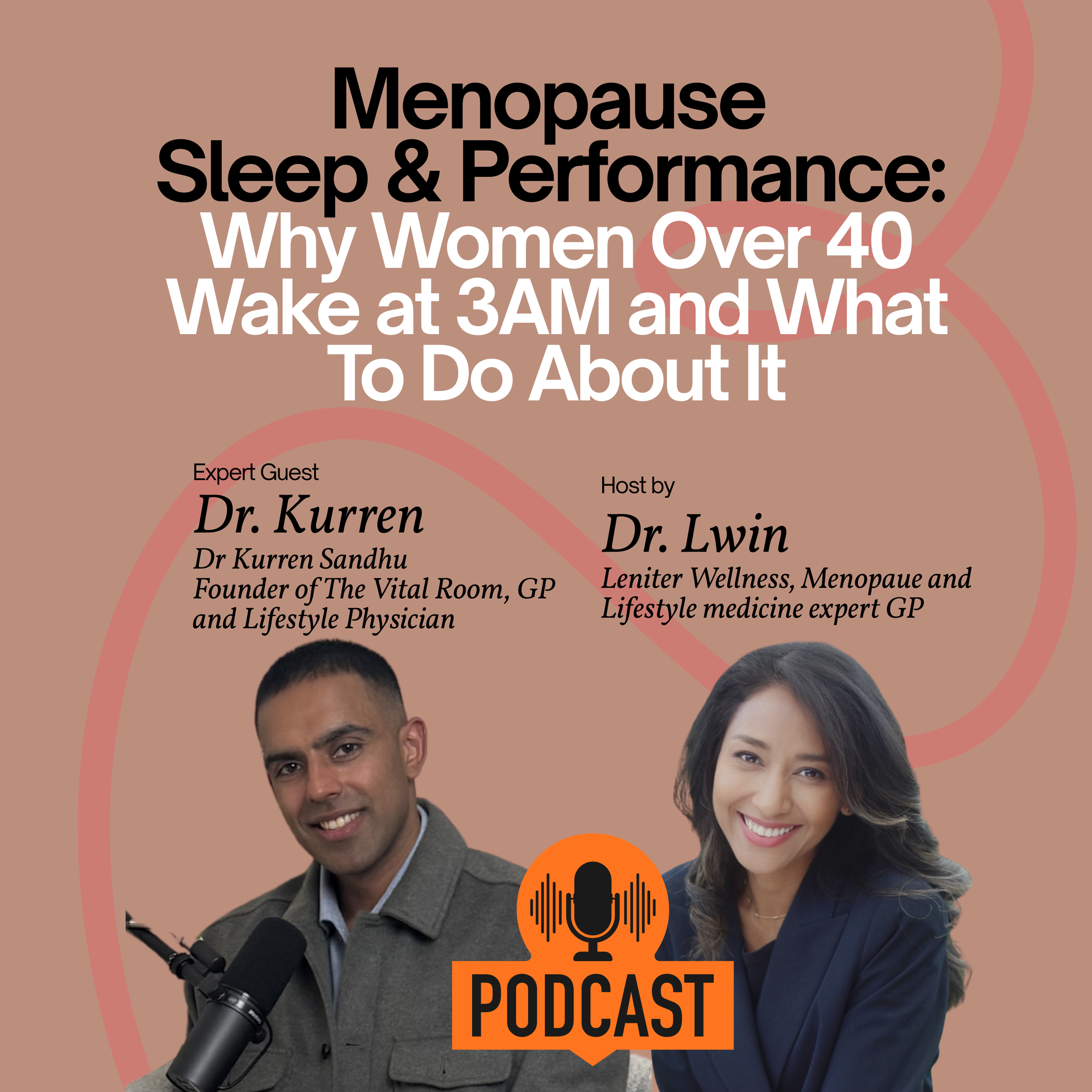 A podcast promotional poster with images of a man and a woman, a microphone icon, and the text 'Menopause Sleep & Performance: Why Women Over 40 Wake at 3AM and What To Do About It'.