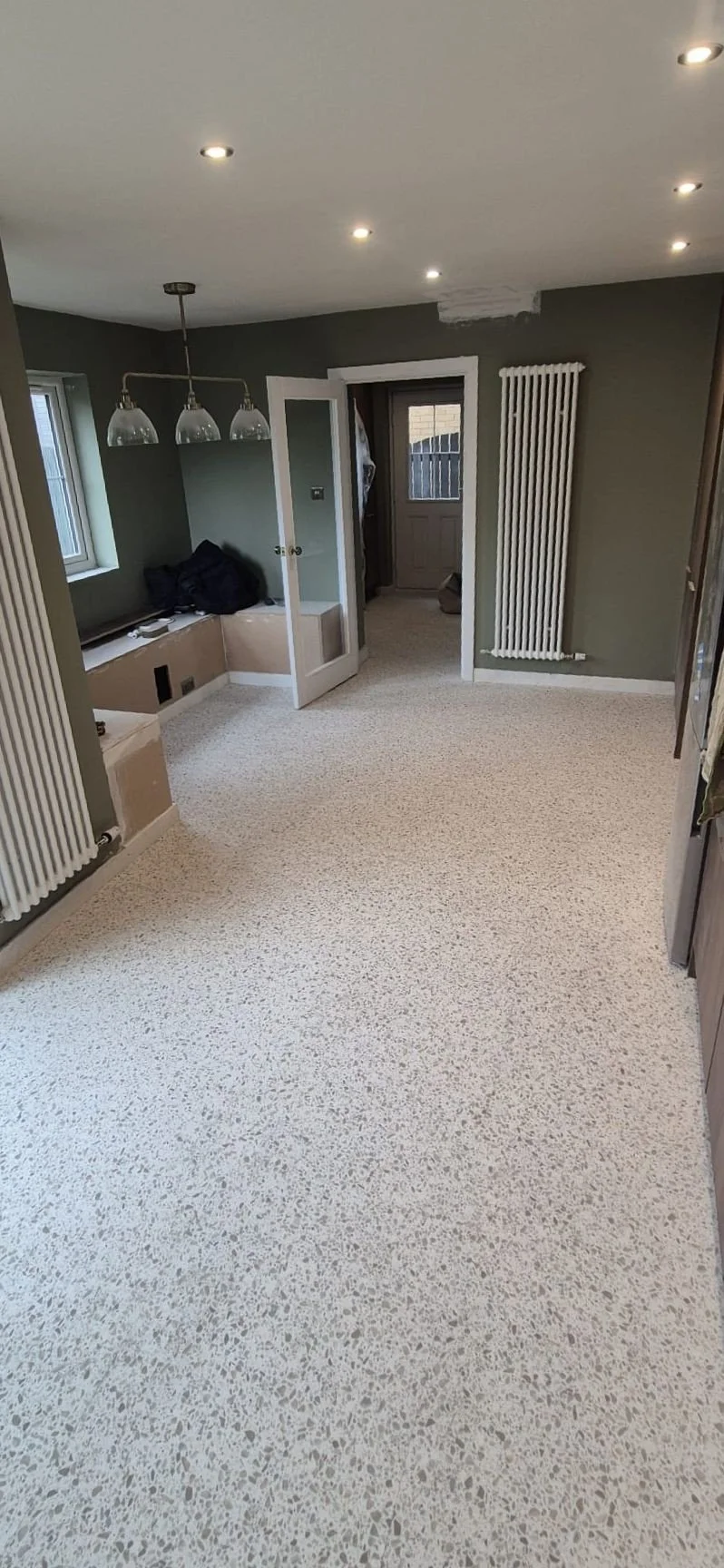 Empty room with green walls, dark carpet, white baseboards, radiator, ceiling lights, window, and door leading to another room or balcony, with some construction or renovation items present.