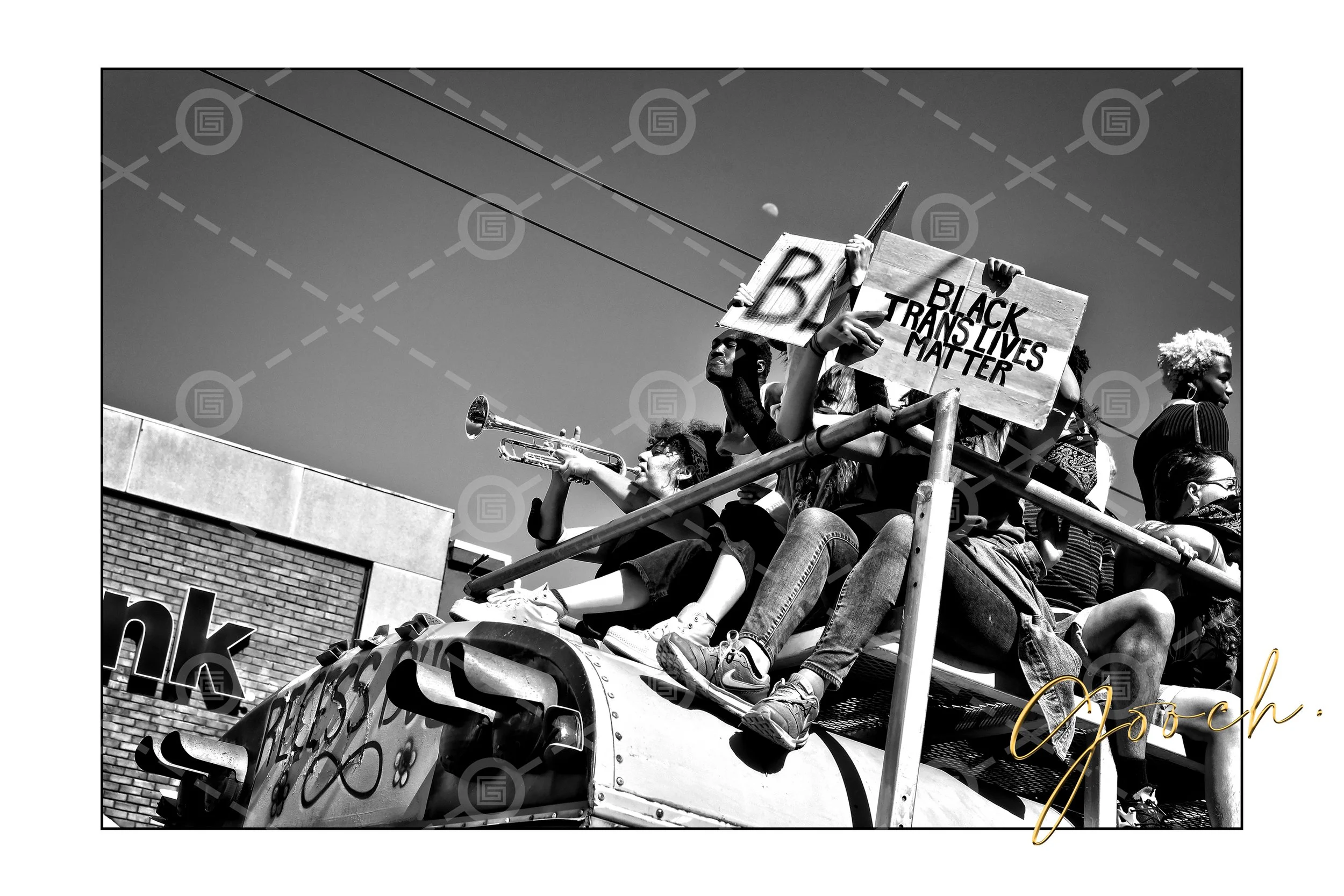 BLM. Bus and Trumpet. Castro, SF, 2020
