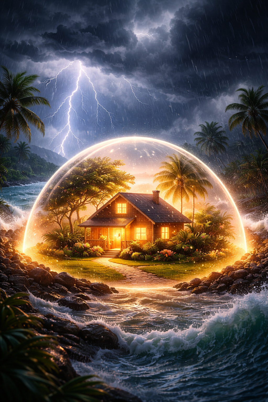 A cozy house with glowing windows is surrounded by lush tropical trees and plants, enclosed within a glowing bubble, set against a stormy sky with lightning and rain, along a rocky shoreline with crashing waves.