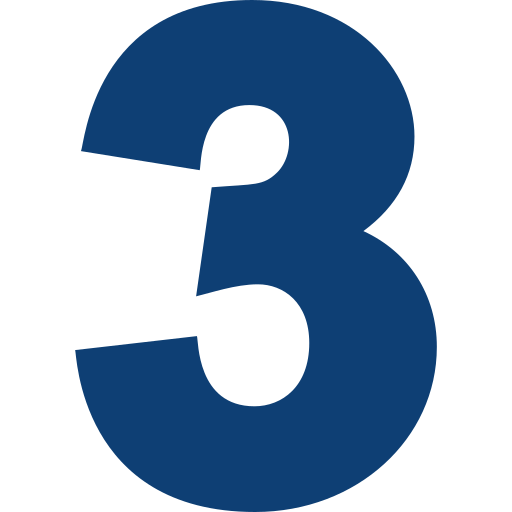 A large, dark blue number three on a white background.