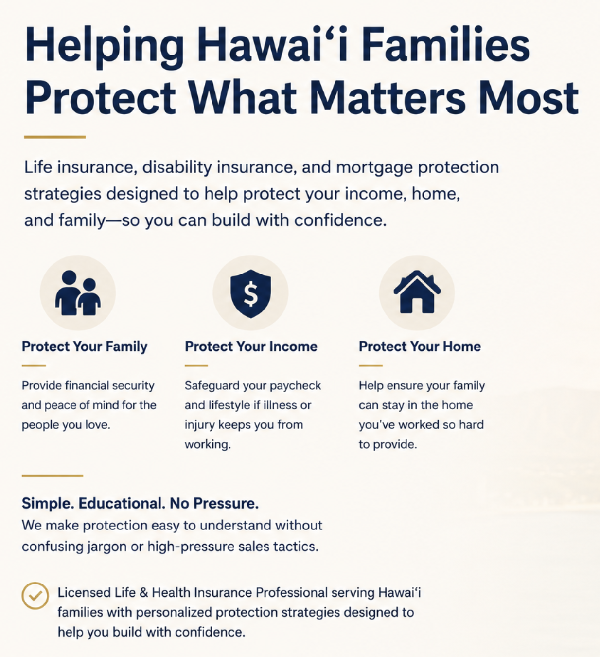 Connect with Russell Potter at Hawaii Financial Group for life insurance, mortgage protection, disability income insurance, family protection, and financial education. Serving individuals, families, homeowners, and business owners across Hawaii.