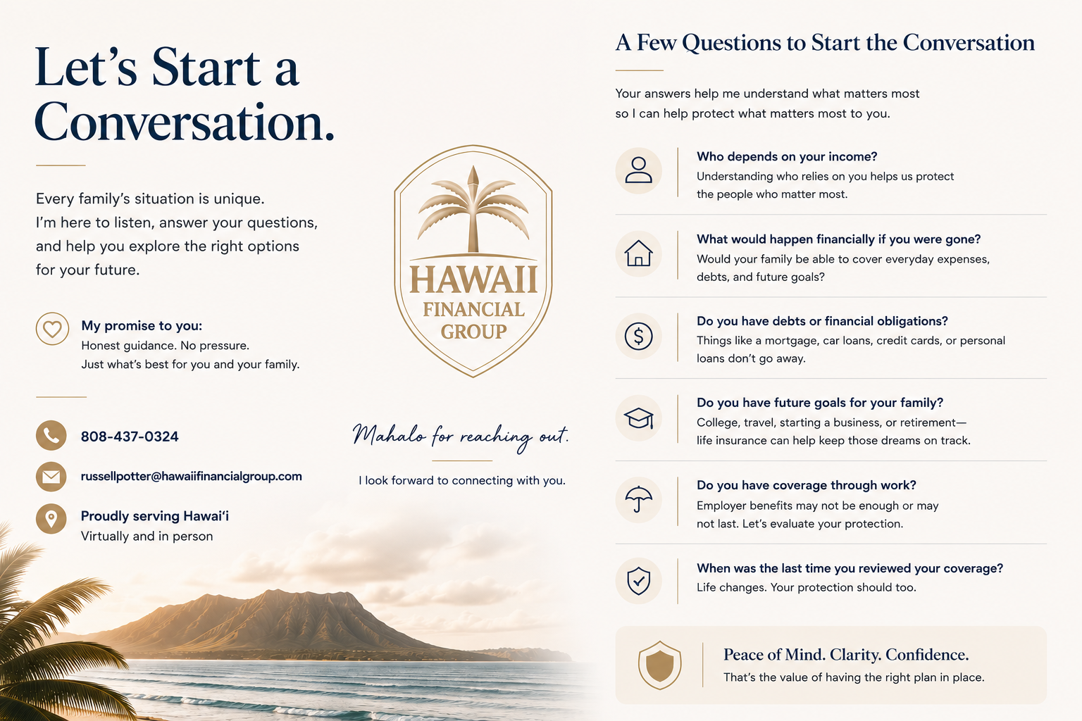 Hawaii life insurance agent Russell Potter providing life insurance, mortgage protection, disability income insurance, family protection, retirement planning, and financial education through Hawaii Financial Group.