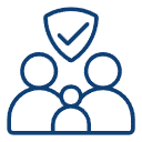 Outline of three people with a shield and checkmark above them, representing protection or security.