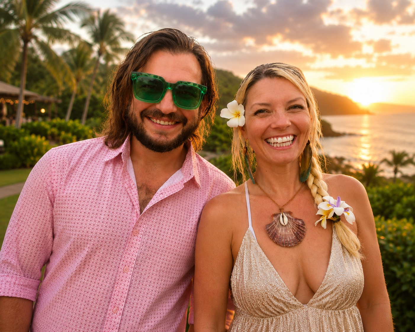 Smiling man and woman in tropical setting at sunset, with palm trees and ocean in background, woman has flowers in her hair and wears a shell necklace, man wears sunglasses and pink shirt.