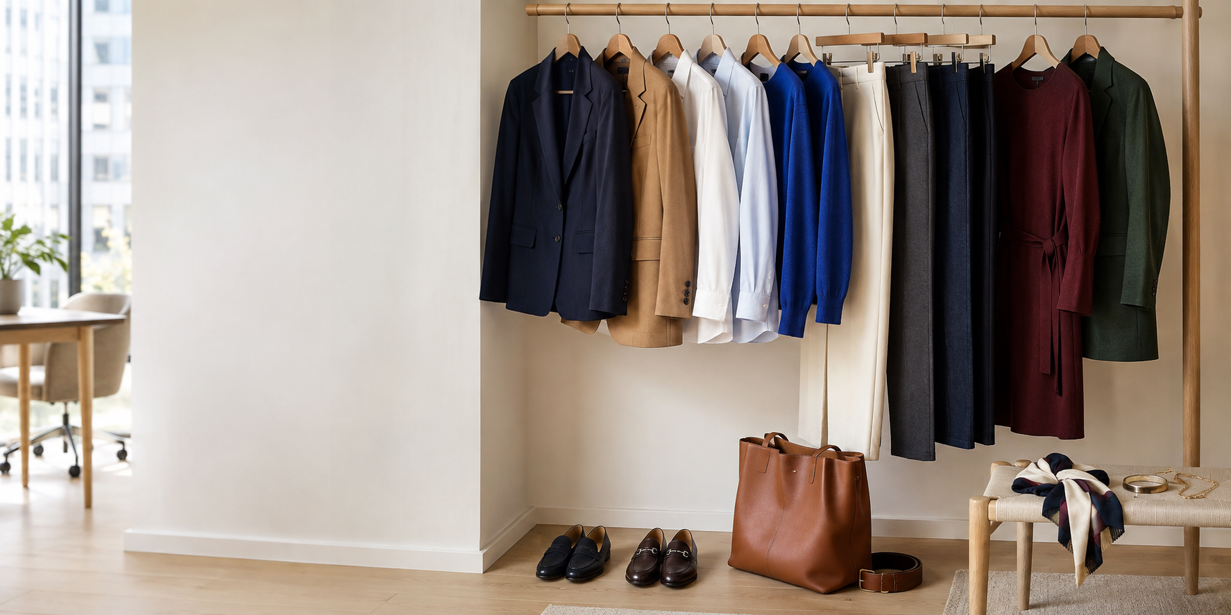 Clothing rack with suits, blouses, and pants in various colors inside a modern room.