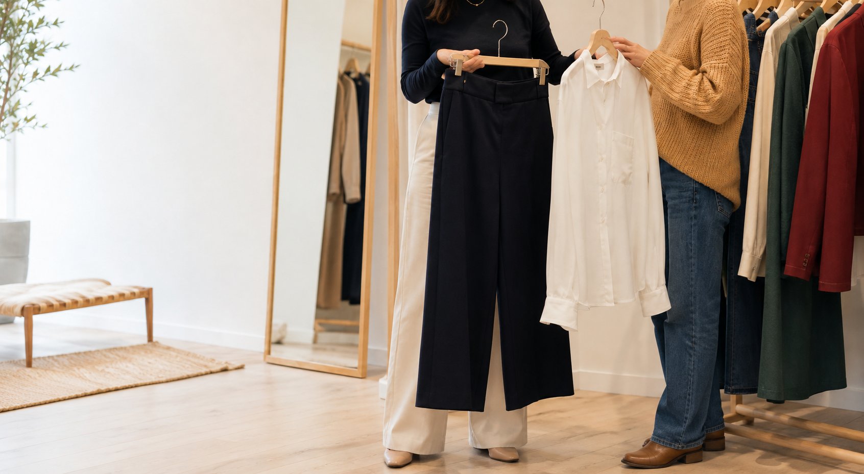 Two women shopping for clothes in a boutique, one holding a pair of navy blue pants and the other holding a white shirt.