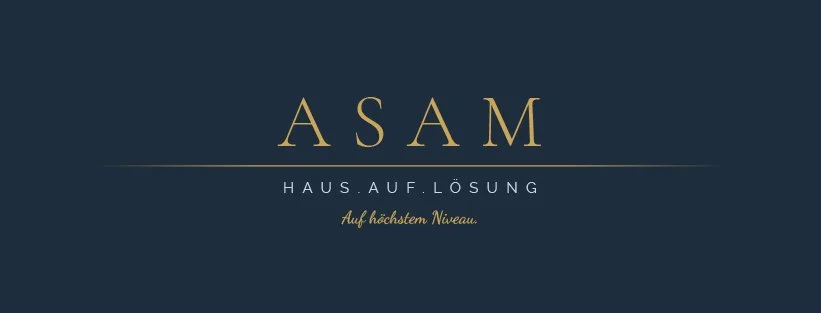 Logo mit dem Text "ASAM Haus auf Lösung" und dem Slogan "Auf höchstem Niveau" auf dunkelblauem Hintergrund.