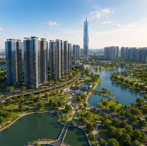 A cityscape with high-rise buildings, a tall skyscraper, green parks, and water bodies under a clear sky.