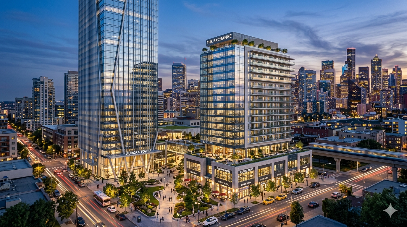 A cityscape at dusk featuring modern high-rise buildings, including the Aurora Tower and The Exchange with illuminated windows, busy streets, and pedestrians walking in a plaza area with trees and streetlights.