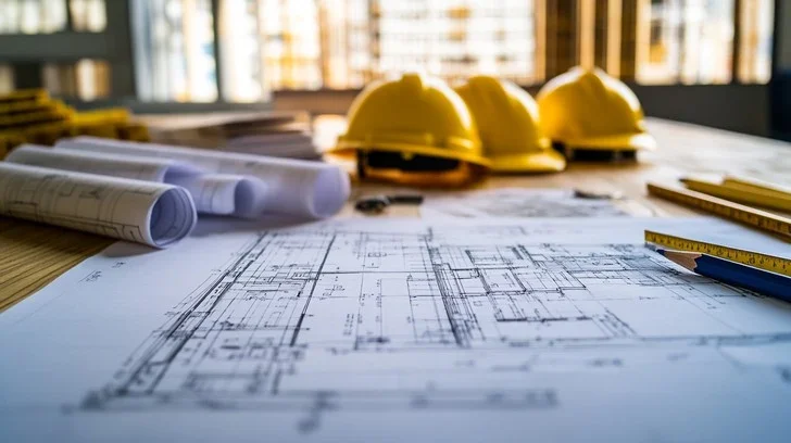 Architectural blueprints and yellow safety helmets on a work desk.