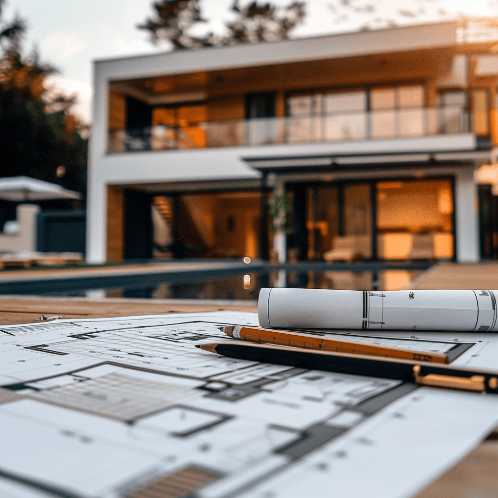 Architectural plans and blueprints with rolled-up document and drafting tools on a patio table in front of a modern two-story house with large windows, a balcony, and outdoor furniture, during sunset.