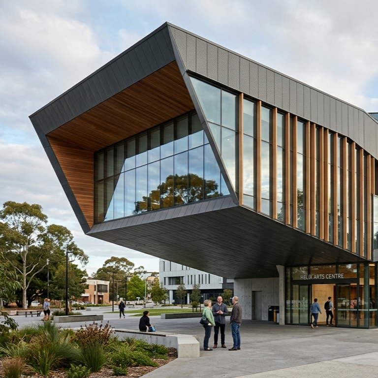 Modern building with large glass windows and wooden accents, known as the Helix Arts Centre, with people walking and socializing outside on a paved area.