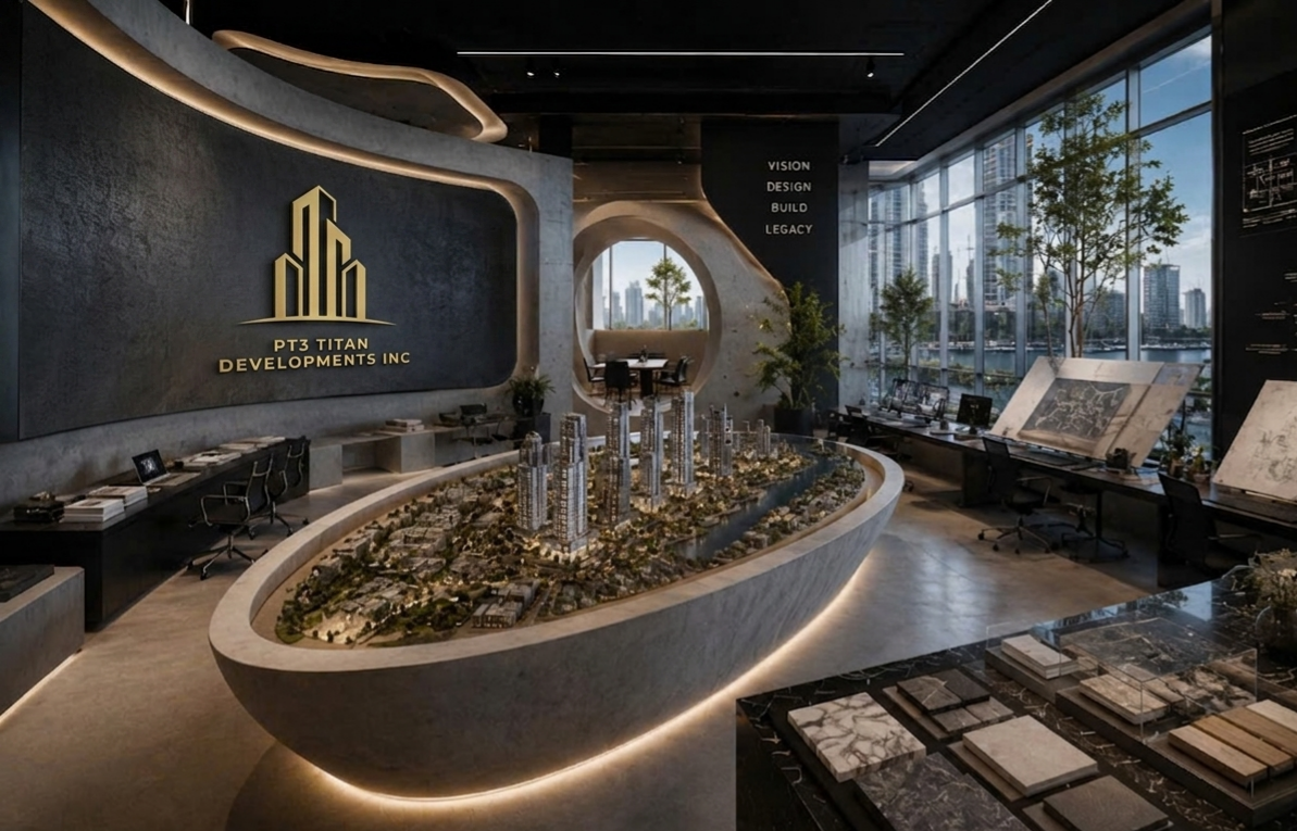 Modern architectural office with a central scale model of a high-rise development project, featuring tall buildings and trees.