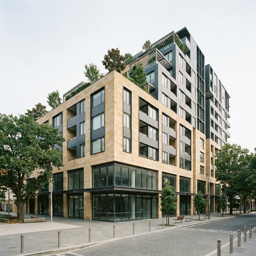 Modern multi-story building with glass windows, residential units, and nearby trees in an urban setting.