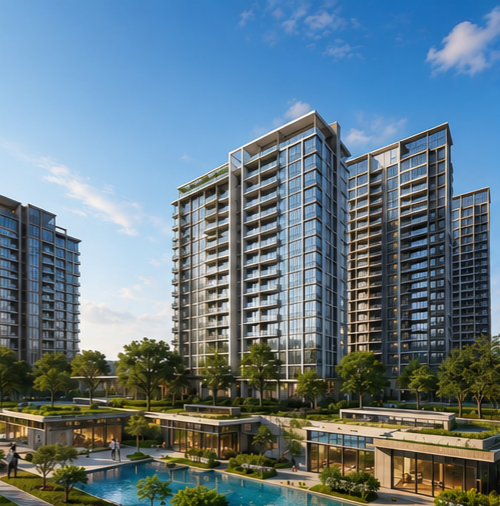 Modern multi-story apartment complex with glass exterior, surrounded by trees, with a swimming pool and outdoor seating area in the foreground, under a partly cloudy sky.
