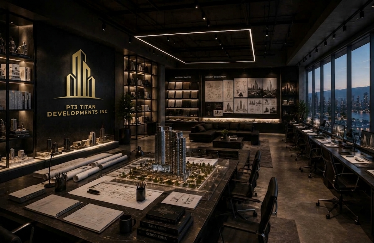 Modern high-rise architecture office with city skyline view, architectural models, blueprints, and design sketches on tables and shelves.