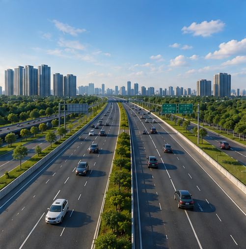 Aerial view of a multi-lane highway with cars traveling in both directions, surrounded by green trees and a city skyline with tall buildings in the background under a partly cloudy sky.
