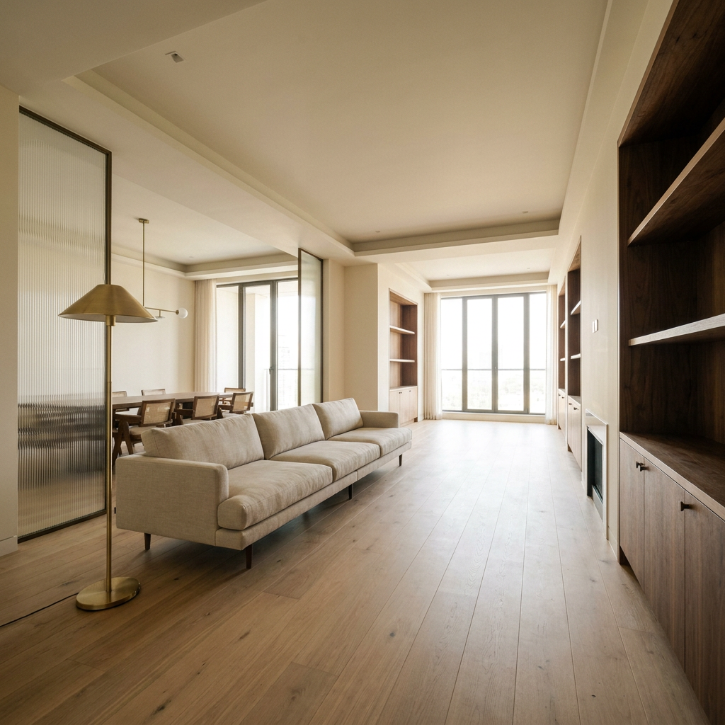 Modern, spacious living room with light wood flooring, a beige sofa, built-in wooden shelves, and large windows letting in natural light.