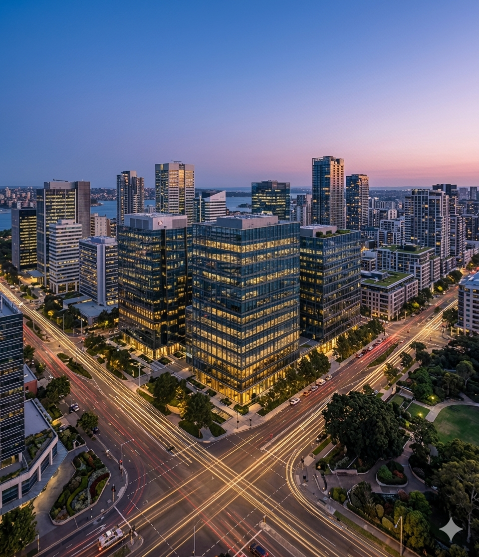 Aerial view of a modern cityscape at dusk with high-rise office buildings, busy streets with light trails from moving vehicles, and a river in the background.