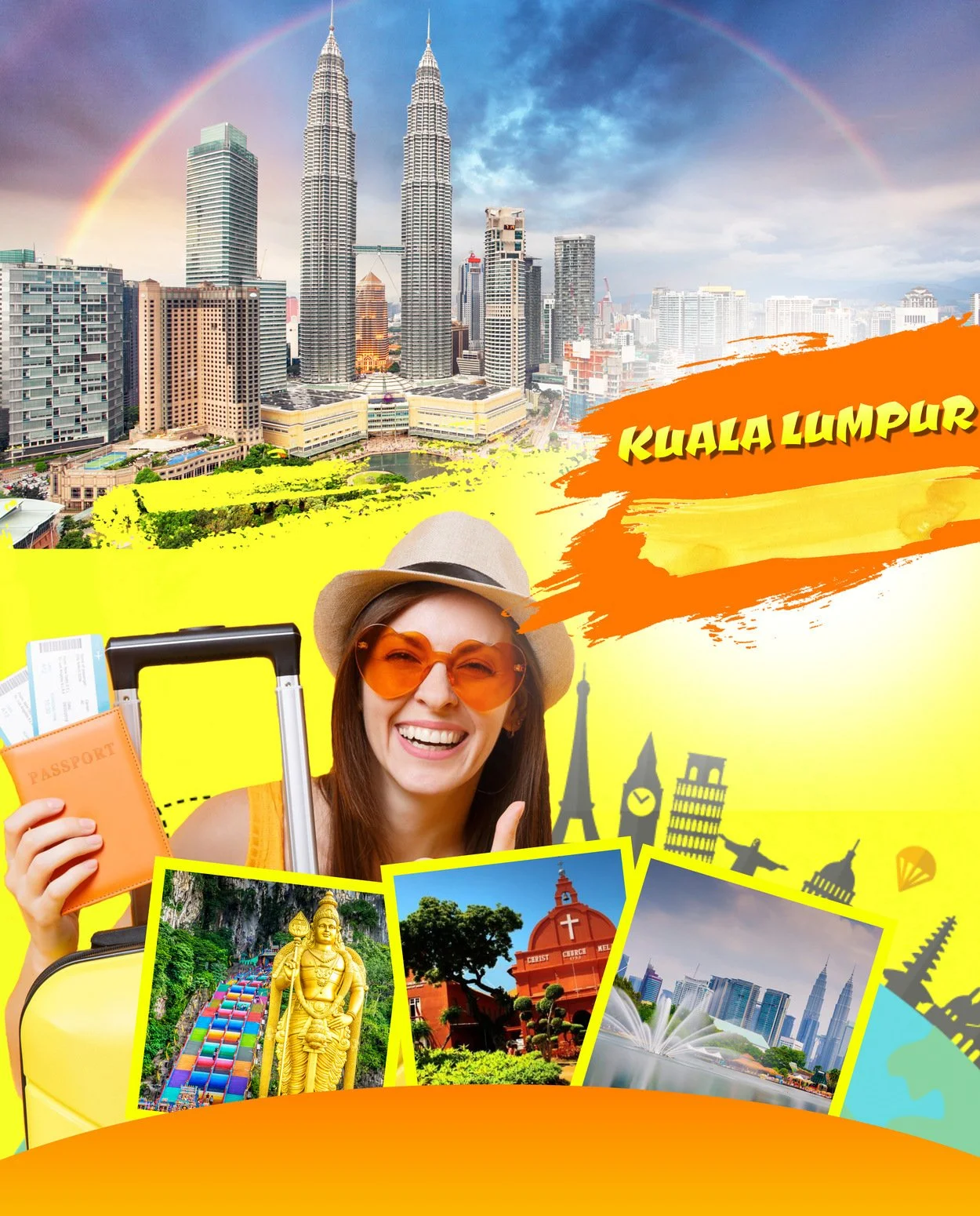A smiling woman with sunglasses and a hat holding a passport and suitcase in front of a colorful collage of travel destinations, with the Kuala Lumpur skyline and a rainbow in the background.