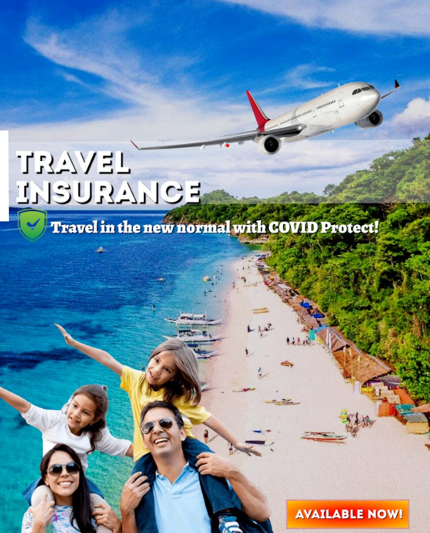 Travel insurance advertisement featuring an airplane flying over a beach with boats and greenery, and a happy family in the foreground