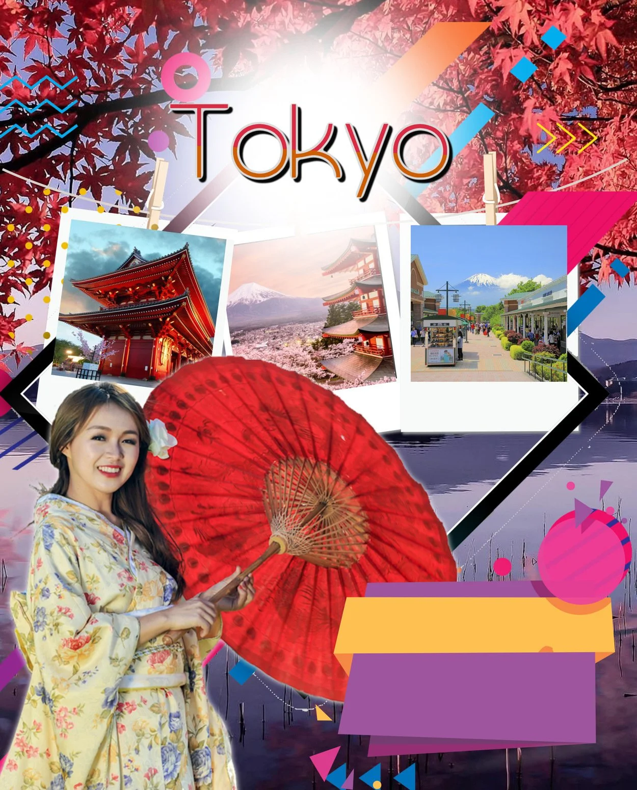 Collage of Tokyo-themed images with cherry blossoms, traditional architecture, Mount Fuji, and a woman in a kimono holding a red parasol, set against a scenic background with graphic design elements.