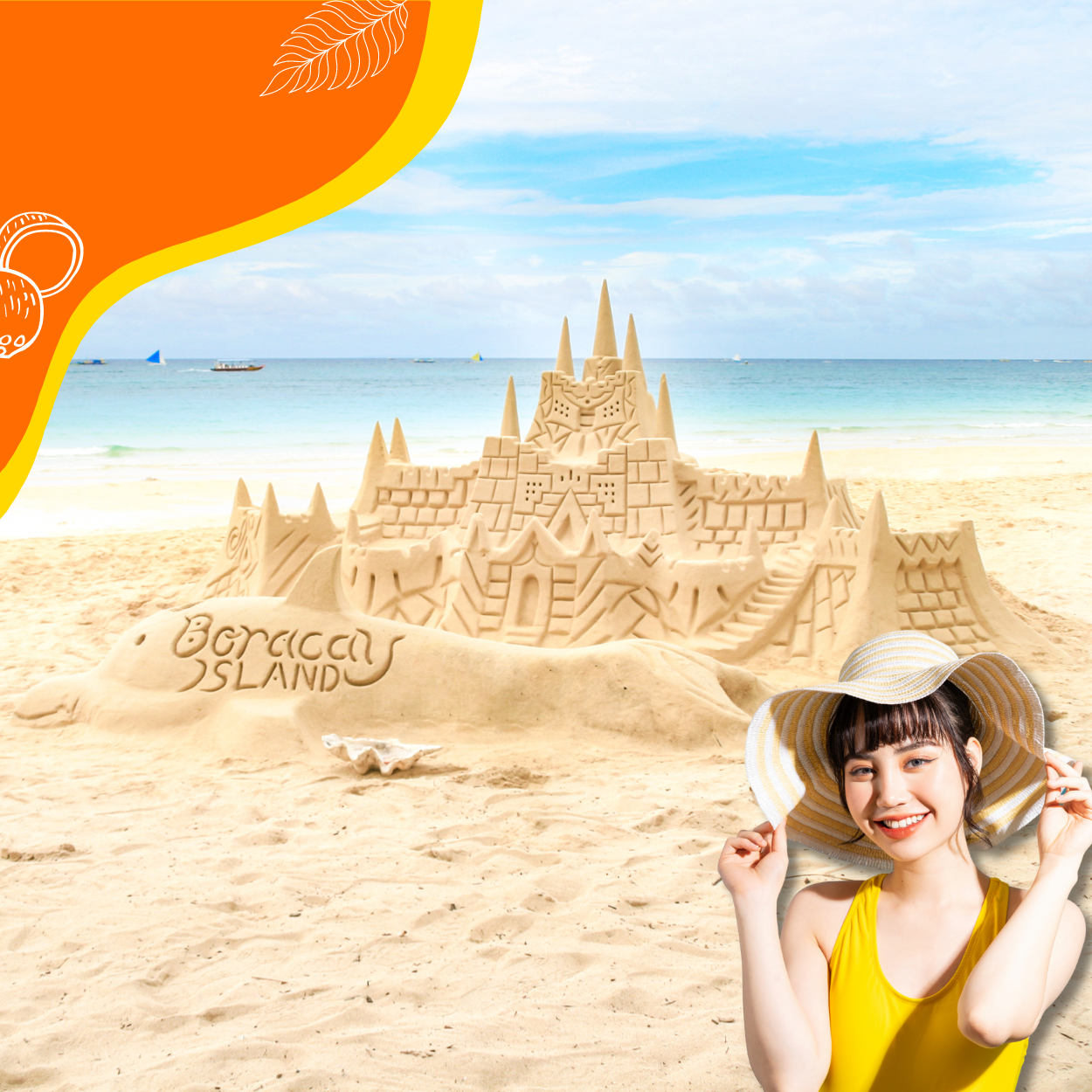 A woman smiling on the beach, holding a large striped sun hat, with a detailed sandcastle and the words "Bora Bora Island" carved in the sand behind her, ocean and boats in the background.