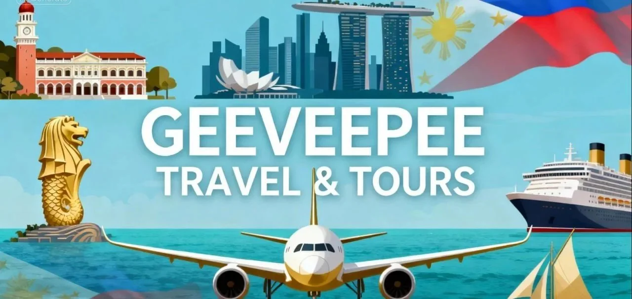 Travel and tours advertisement with airplane at center, Singapore Merlion statue on water, cruise ship on water, and city skyline in background, symbols of travel destinations.