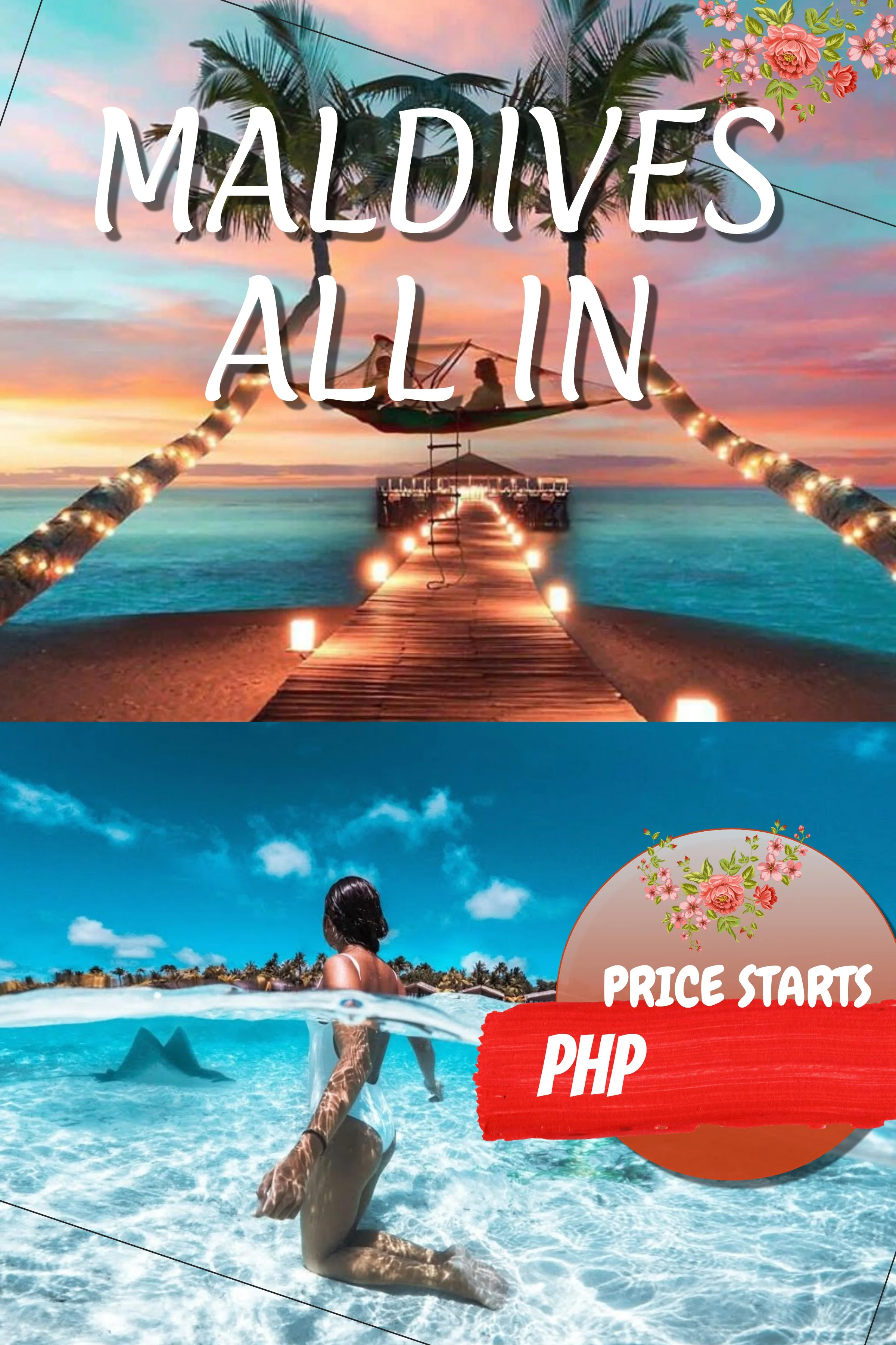 A tropical beach scene during sunset with two palm trees, a dock leading to a floating platform, and a hammock with two people sitting in it. The sky is pink and orange, and the ocean has calm blue-green water with gentle waves.
