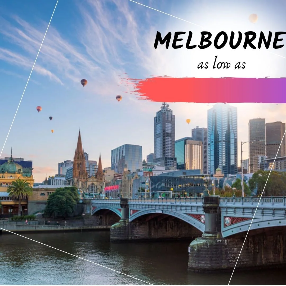 Skyline of Melbourne, Australia with tall modern skyscrapers, historic churches, a bridge over a river, and hot air balloons in the sky during sunrise or sunset.