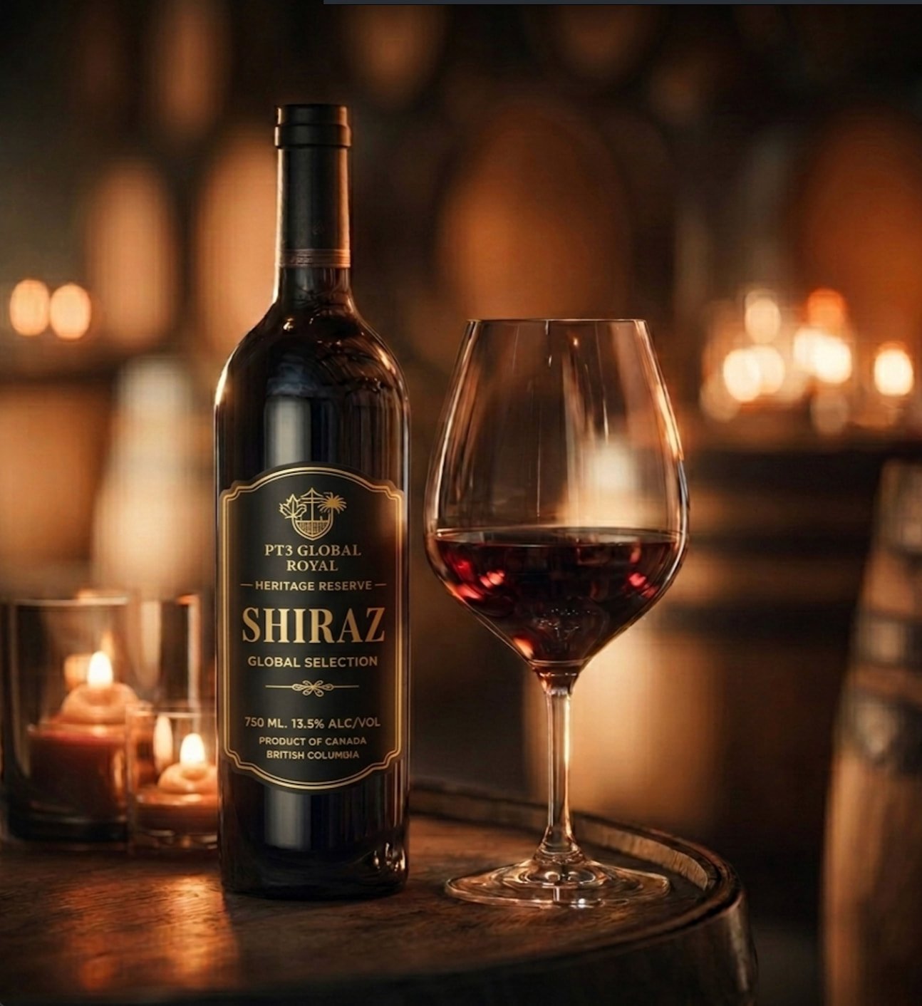 A bottle of PT3 Global Royal Heritage Reserve Shiraz wine and a glass filled with red wine on a wooden table, with a blurred background of candles and barrels.