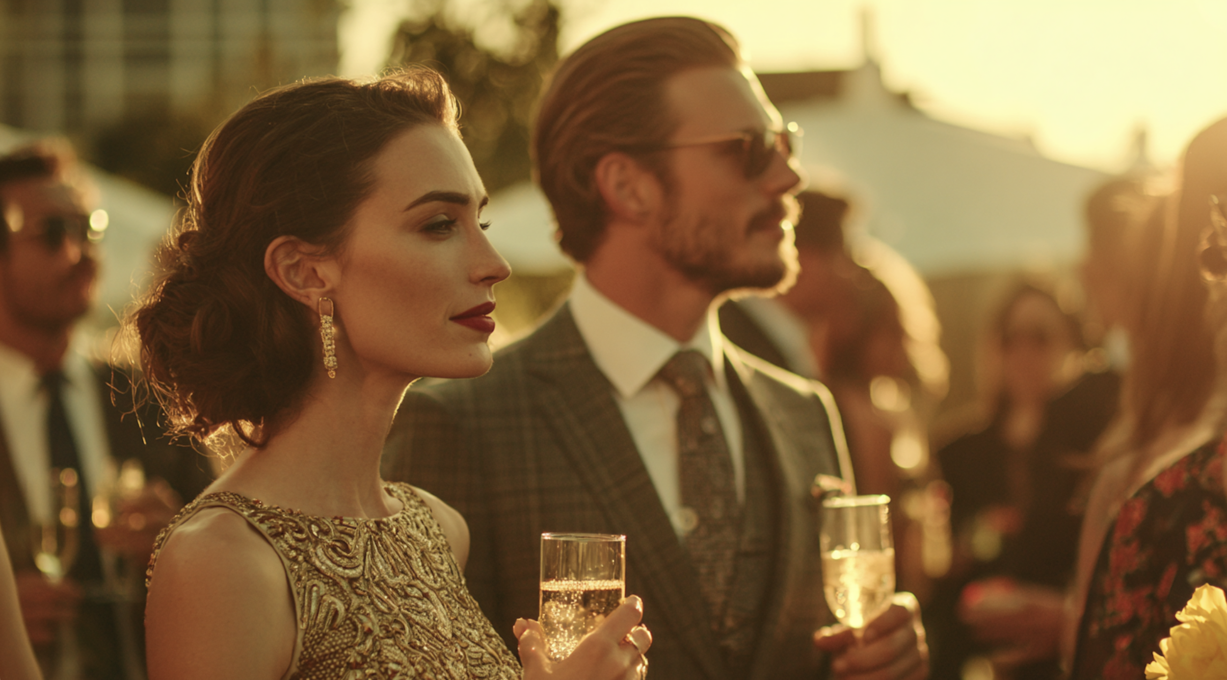 A woman and a man at a formal event, both holding glasses of champagne, with other guests in the background. The woman has dark hair styled in curls and is wearing a gold dress with intricate detailing, and the man has reddish hair, a beard, and is d