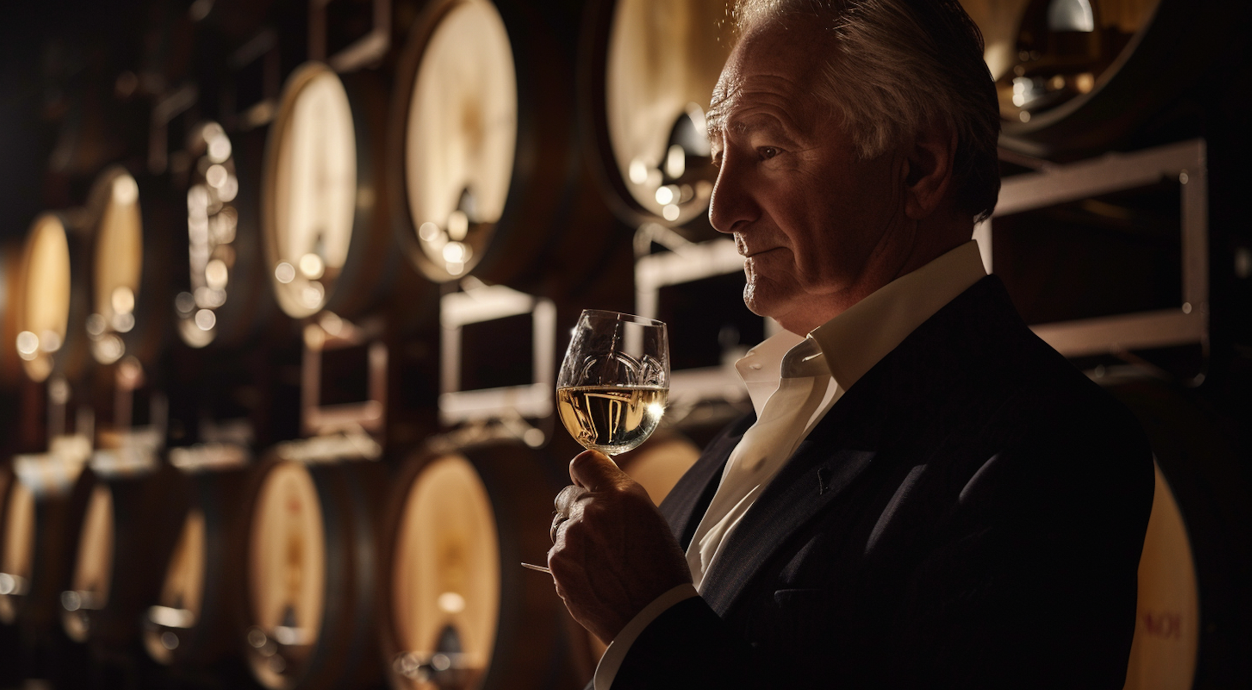 An elderly man in a tuxedo holding a glass of white wine in a wine cellar with wooden barrels on the wall.