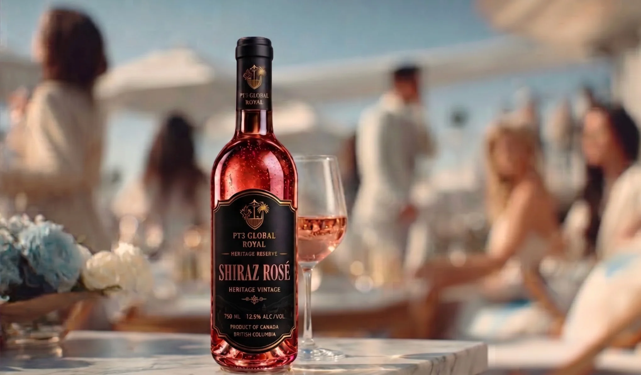 A bottle of PT3 Global Royal Shiraz Rosé wine with a glass of pink wine next to it, set on a table decorated with white flowers, at an outdoor social gathering with blurred people in the background.