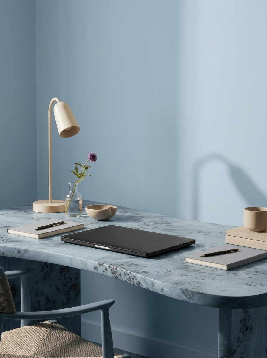 A minimalist workspace with a blue wall, a marble desk, a closed laptop, a notebook and pen.